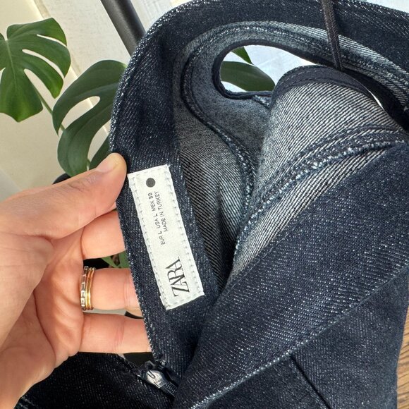 ZARA Dark Wash Denim Mini Dress with Deep V Neck – Size L (NWT) - Picture 8 of 10